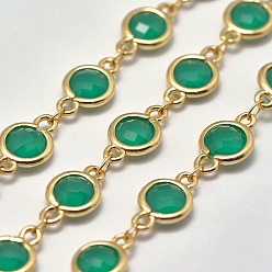Real 18K Gold Plated Faceted K9 Glass Handmade Beaded Chains, Soldered, with Brass Findings, Cadmium Free & Lead Free, Flat Round, Sea Green, Real 18K Gold Plated, 12x7x3mm