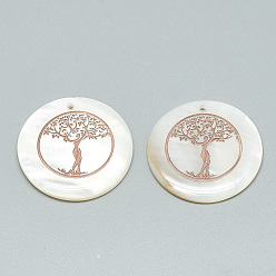 Rose Gold Freshwater Shell Pendants, Covered with Iron Findings, Flat Round with Tree of Life, Rose Gold, 30~31x2~3mm, Hole: 1.8mm