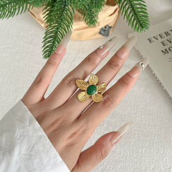 Халцедон Натуральный халцедон 304 перстни из нержавеющей стали, цветок, золотые, внутренний диаметр: регулируемый