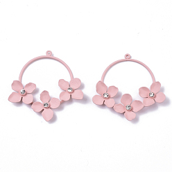 Pink Spray Painted Eco-Friendly Iron Pendants, with Crystal Rhinestone, Flat Round with Flower, Cadmium Free & Nickel Free & Lead Free, Pink, 40~41x39~40x5~6mm, Hole: 1.2mm