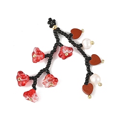 Red Glass Seed Beaded & Natural Red Jasper Big Pendants, Flower Charm, with Natural Cultured Freshwater Pearl & Glass Beads, Red, 50~53mm, Hole: 3mm