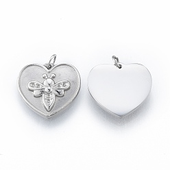 Нержавеющая Сталь Цвет Устойчивы к потускнению 304 подвески из нержавеющей стали со стразами, с прыжковых колец, сердце с пчелами, цвет нержавеющей стали, подходит для 0.9 мм и 1 мм стразами, 14x15x2.5 мм, Перейти кольцо: 4x1 мм, 2.5 мм внутренним диаметром
