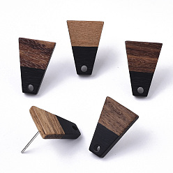 Black Resin & Walnut Wood Stud Earring Findings, with 304 Stainless Steel Pin, Trapezoid, Black, 18x12.5mm, Hole: 1.8mm, Pin: 0.7mm