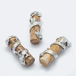 Пейзажный Джаспер Естественного изображения яшмы подвески, с латунной фурнитурой , колонка с драконом, платина, 40.5~41.5x14x15 мм, отверстие : 3.5x5 мм