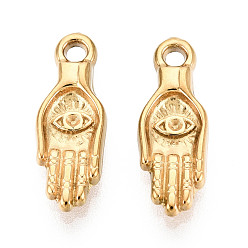 Настоящее золото 18K 304 подвески в виде руки хамсы с глазом из нержавеющей стали, ионное покрытие (ip), реальный 18 k позолоченный, 15x5.5x2 мм, отверстие : 1.2 мм