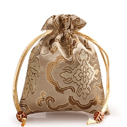 BurlyWood Rectangle Cloth Flower Printed Drawstring Gift Bags, Storage Bags, BurlyWood, 14x11cm