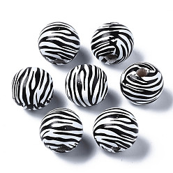 Black Painted Natural Wood European Beads, Large Hole Beads, Printed, Round with Zebra-Stripe, Black, 16x15mm, Hole: 4mm