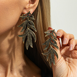 Лист Rhinestone сплава болтаться серьги, античное золото , лист, 80x40 мм