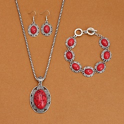 Красный Ожерелья и браслеты из сплава с синтетической бирюзой, а также наборы серег-подвесок, античное серебро, овальные, красные, 490 мм