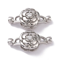 Platinum Brass Micro Pave Clear Cubic Zirconia Fold Over Clasps, Cadmium Free & Lead Free, Flower, Platinum, 30mm, Flower: 14.5x13mm, Clasp: 12x5x6.5mm, Hole: 3.6mm