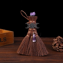 Луна Мини-деревянный кулон с метлой ведьмы викки, украшения, автомобильные подвесные украшения, бусы с аметистом, луна, 150x100 мм