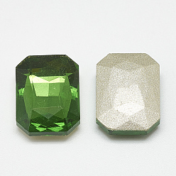 Emerald Pointed Back Glass Rhinestone Cabochons, Faceted, Rectangle Octagon, Emerald, 14x10x4mm