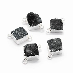 Черный Соединители звеньев естественного друзы кварца, с латунной фурнитурой , квадратный, серебряный цвет гальваническим, чёрные, 16~18x13~14x6~8 мм, отверстие : 2 мм