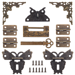 Antique Bronze Wooden Box Accessories Sets, Including Alloy Latches Hasp Lock Clasp & Combination Locks and Iron Cabinet Drawer Butt Hinges Connectors & Filigree Joiners Links, Antique Bronze, 33x57.5x1mm
