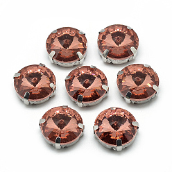 Легкий Лосось Шить на горный хрусталь, многожильных ссылки, стекло горный хрусталь, с настройками латуни, аксессуары для одежды, граненые, плоско-круглые, платина, светлый померанцевый, 19x8 мм, отверстие : 1.2 мм