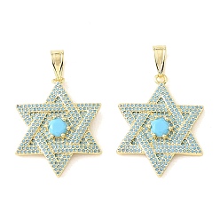 Chapado en Oro Real 18K Colgantes de circonita cúbica azul cielo con micro pavé de latón, estrella de david encantos, chapado en rack, larga duración plateado, sin plomo y cadmio, real 18 k chapado en oro, 33x26x4.5 mm, agujero: 9x4.5 mm