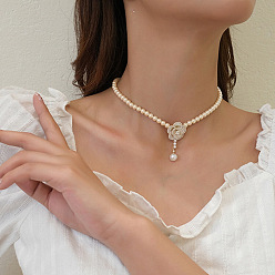 Белый День святого Валентина цветок сплав эмаль подвеска пластиковый жемчуг круглый бисер чокер ожерелья, золотые, белые, 17.32 дюйм (44 см)