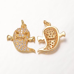 Настоящее золото 18K Кулоны из латуни с фианитом на Хэллоуин, класс AAA, призрак, без кадмия, без никеля и без свинца, реальный 18 k позолоченный, 15x15x3 мм, отверстие : 2 мм