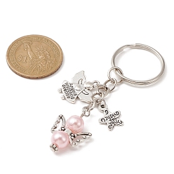 Mixed Color Imitation Pearl Acrylic & Alloy Angel Keychain, with Tibetan Style Alloy Charm and Iron Split Key Rings, Mixed Color, 7.8cm, 12pcs/set