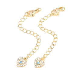 Platinum Brass Curb Chain Extender, End Chains with Lobster Claw Clasps and Cubic Zirconia Charms, Heart, Platinum, 74mm, Hole: 2.4mm