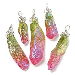 Камелия Гальванические большие подвески из необработанного натурального кварца с кристаллами, Подвески-самородки с петлями из медной проволоки, серебряные, камелия, 40~48x13~23x10~20 мм, отверстие : 4.5~5 мм