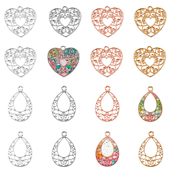 Mixed Color Hollow Alloy Kitten Open Back Bezel Pendants, for DIY UV Resin, Epoxy Resin, Pressed Flower Jewelry, Cadmium Free & Lead Free, Teardrop & Heart, Mixed Color, 32pcs/box