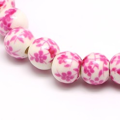 Perlas de Color Rosa Cuentas de cerámica de la porcelana de la flor hecha a mano impresa hebras, rondo, rosa perla, 6 mm, agujero: 2 mm, sobre 60 unidades / cadena, 13 pulgada