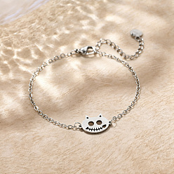 Stainless Steel Color 304 Stainless Steel Cat with Fishbone Link Bracelets, Cable Chain Bracelets for Women, Tarnish Free, Stainless Steel Color, 6.69 inch(17cm)