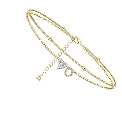 Letter O Двухслойные браслеты на ногу с подвесками в виде сердца и буквы из латуни и кристаллов горного хрусталя, золотые, Письмо O, 8-5/8 дюйм (220 мм)