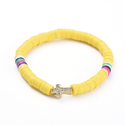 Yellow Handmade Polymer Clay Heishi Bead Stretch Bracelets, with Cross Brass Micro Pave Clear Cubic Zirconia Beads, Yellow, 2-1/4 inch(5.7cm)