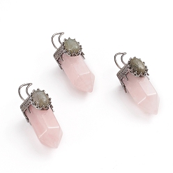 Розовый Кварц Подвески из розового натурального кварца, с латунными кулонами под залог металлического цвета и натуральным лабрадоритом, пуля, 52~54x20x22~23 мм, отверстие : 8x5 мм