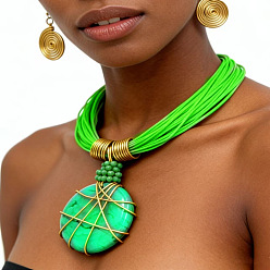 Лайм Комплект из многорядного ожерелья и спиральных сережек из сплава смолы, обмотанного проволокой и вощеного шнура, для женщин., желто-зеленые, 500 мм