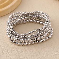 Платина 6шт 6 стили латунные круглые бусины эластичные браслеты для женщин, платина, внутренний диаметр: 1-3/4 дюйм (4.6 см) ~ 2-1/8 дюйм (5.5 см), 1 шт / стиль