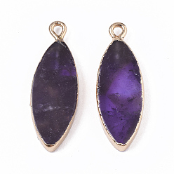 Amethyst Edge Golden Plated Natural Amethyst Pendants, with Iron Loop, Horse Eye, 28.5~30.5x10.5x3.5mm, Hole: 1.6mm