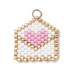 Бледно-Розовый Подвески-конверты в форме сердечек из бисера, подвески из стеклянных бусин с узором ткацкого станка, с 304 кольцами из нержавеющей стали, розовый жемчуг, 18x17.5x2 мм, отверстие : 2.5 мм