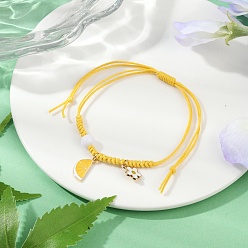 Золотистый Браслеты с подвесками из сплава цветов и лимона с эмалью, Браслеты из плетеных бусин из вощеного хлопкового шнура для женщин, с акриловым шарик, золотые, золотые, внутренний диаметр: 3/4~3-7/8 дюйм (2~9.7 см)