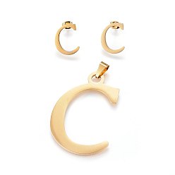 Letter C 304 стали подвески и серьги-гвоздики комплекты ювелирных изделий из нержавеющей, алфавит, letter.c, 52x35x1.7 мм, отверстия: 9x4.5 mm, 18x14x1.5 mm, штифты : 0.8 мм