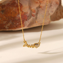 Золотой 304 Женские ожерелья с подвеской из рыбьей кости и кристаллами из нержавеющей стали, модный аксессуар осень-зима, золотые, 15.94 дюйм (40.5 см)