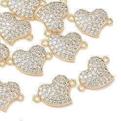 Real 18K Gold Plated SHEGRACE Brass Micro Pave Clear Cubic Zirconia Connector Charms, Heart Links, Cadmium Free & Lead Free & Nickel Free, Real 18K Gold Plated, 9.5x14.5x2.5mm, Hole: 1.2mm