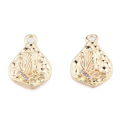 Real 18K Gold Plated Brass Micro Pave Clear Cubic Zirconia Charms, Cadmium Free & Nickel Free & Lead Free, Textured, Teardrop with Butterfly, Real 18K Gold Plated, 14.5x10x2.5mm, Hole: 1.5mm