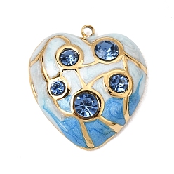 Sky Blue 304 Stainless Steel & Enamel & Rhinestone Pendants, Heart Charms, Ion Plating(IP), Long-Lasting Plated, Real 18K Gold Plated, Montana, Sky Blue, 22.5x20.5x6.5mm, Hole: 1.5mm