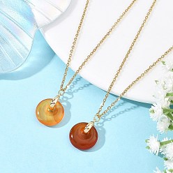 Red Agate Кулон в виде пончика из натурального красного агата в форме диска Пи., с 304 кабельными цепочками из нержавеющей стали, золотые, 15.75 дюйм (40 см)