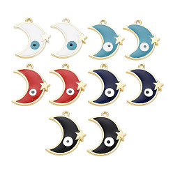 Mixed Color Rack Plating Alloy Enamel Pendants, Cadmium Free & Nickel Free & Lead Free, Moon with Eye, Light Gold, Mixed Color, 25x20.5x2mm, Hole: 1.8mm