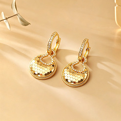 Golden Brass Micro Pave Cubic Zirconia Hoop Dangle Earrings, Round, Golden, 27x15mm