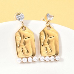 Настоящее золото 18K 304 серьги-гвоздики из нержавеющей стали с микропаве из прозрачных кубических цирконий, квадратные карты, с пластиковой имитационной жемчужиной, реальный 18 k позолоченный, 39x16.5 мм