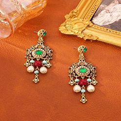 Золотой Серьги-гвоздики из пластика с цветочным сплавом и жемчугом, с натуральным цветочным амазонитом и стеклом, золотые, 79x26 мм