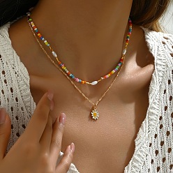 Золотой Ожерелья с подвесками в виде ромашек из сплава и эмали в стиле бохо, двухслойные ожерелья из стеклянных бусин с пластиковым жемчугом, золотые, 15.75 дюйм (40 см)