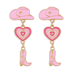 Pink Enamel Heart Cowboy Hat Boot Dangle Stud Earrings, Alloy Jewelry for Women, Pink, 57x24mm
