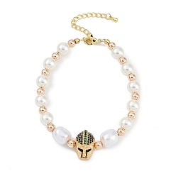 Папоротник Зеленый Браслеты с подвесками из латуни с микропаве из кубического циркония, с abs имитационными жемчужными бусинами , без кадмия и без свинца, долговечный, реальный 18 k позолоченный, череп, Папоротник зеленый, 7-1/4 дюйм (18.5 см)