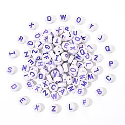 Dark Blue Opaque White Acrylic Beads, with Enamel, Horizontal Hole, Flat Round with Initial Letter, Dark Blue, 9.5x4.5mm, Hole: 2mm, 100pcs/set